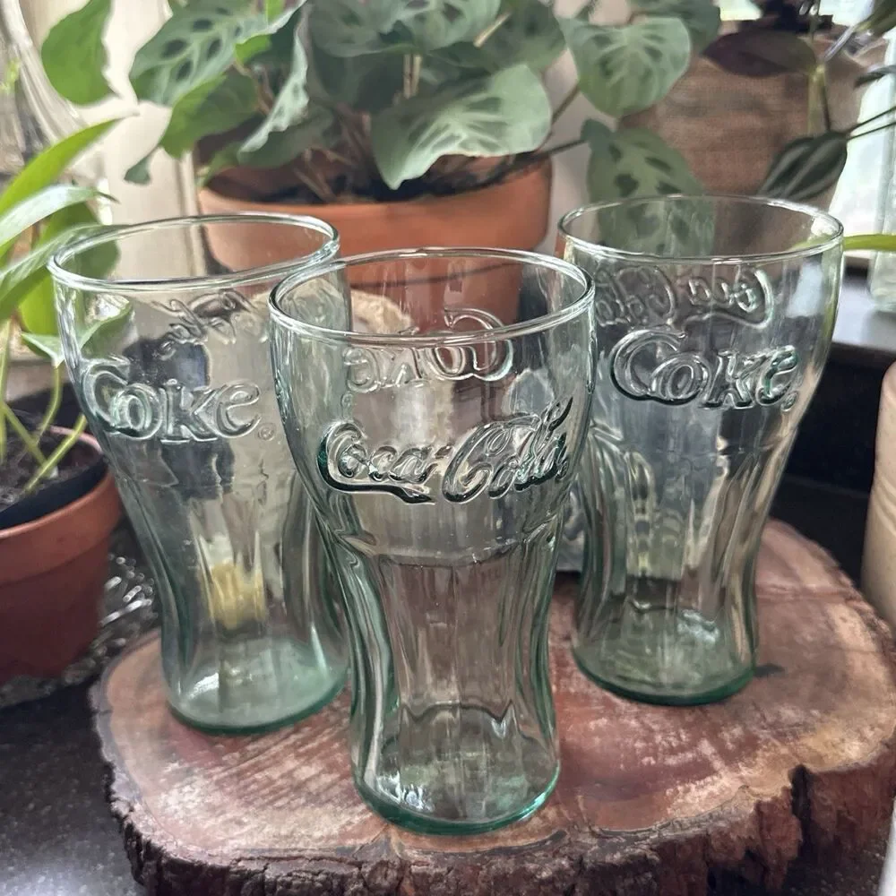 Coca Cola Contour Drinking Glasses Set of 3 Green Embossed Logo 7” Tall Large